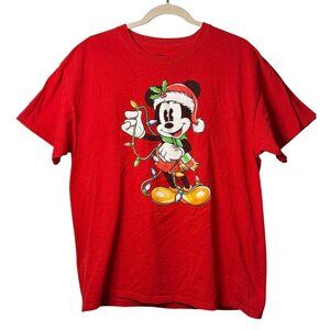 Disney Mickey Mouse Christmas Shirt Large Holiday Lights Santa Hat Tee 21.5x27.5